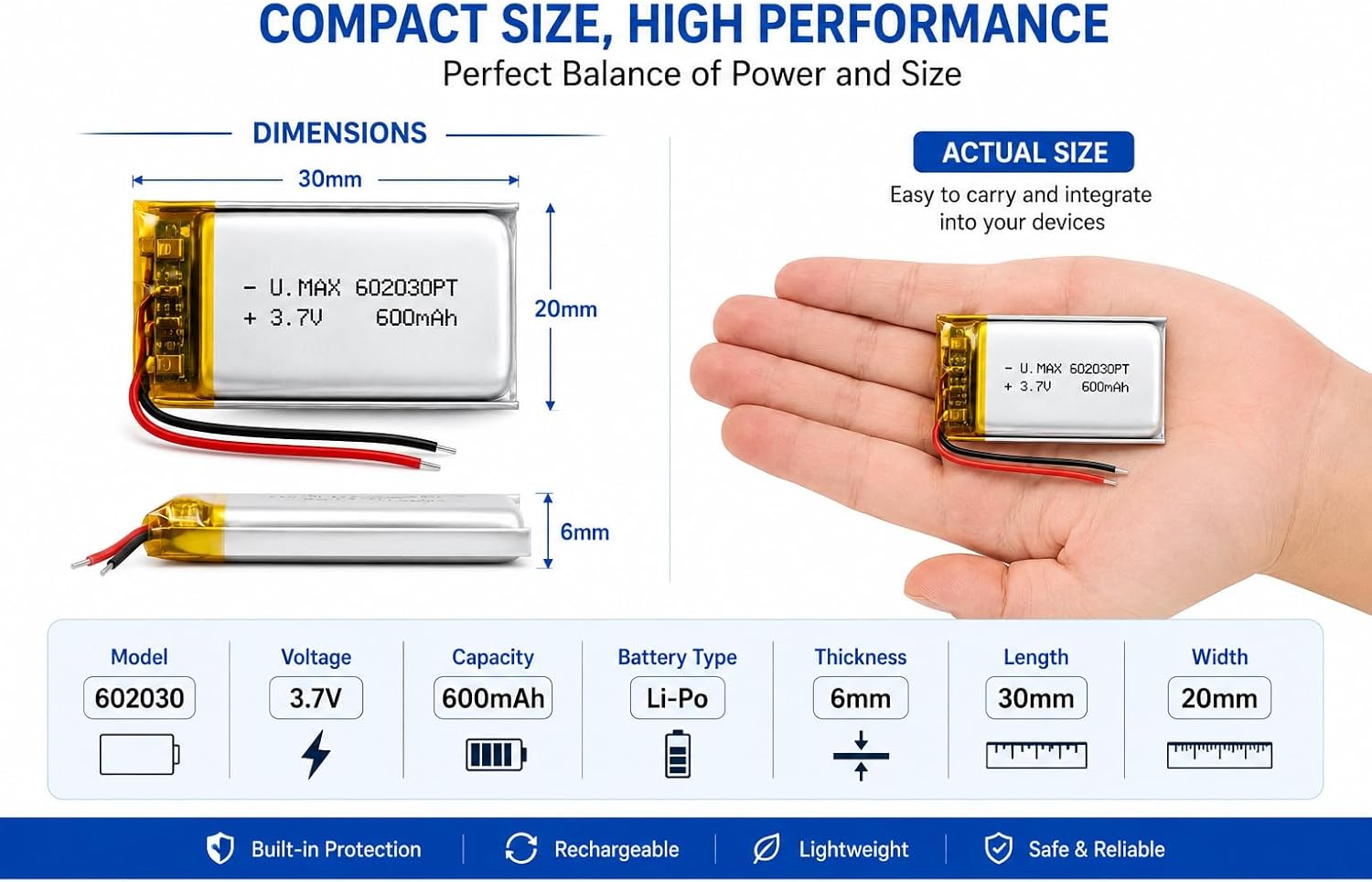 بطارية ليثيوم بوليمر 602030 سعة 600mAh 3.7V قابلة لإعادة الشحن للأجهزة الإلكترونية 3